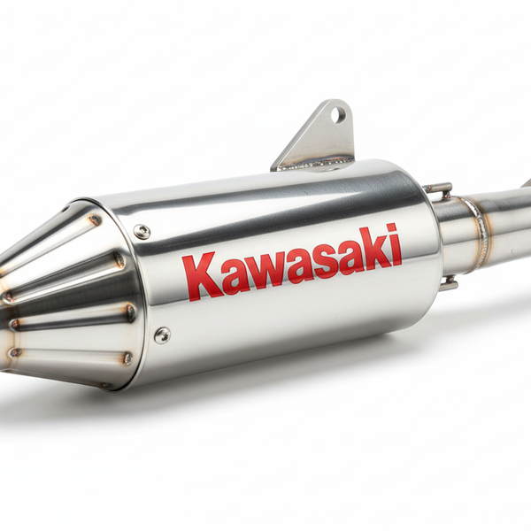 Kawasaki OEM muffler exhaust system part on white background