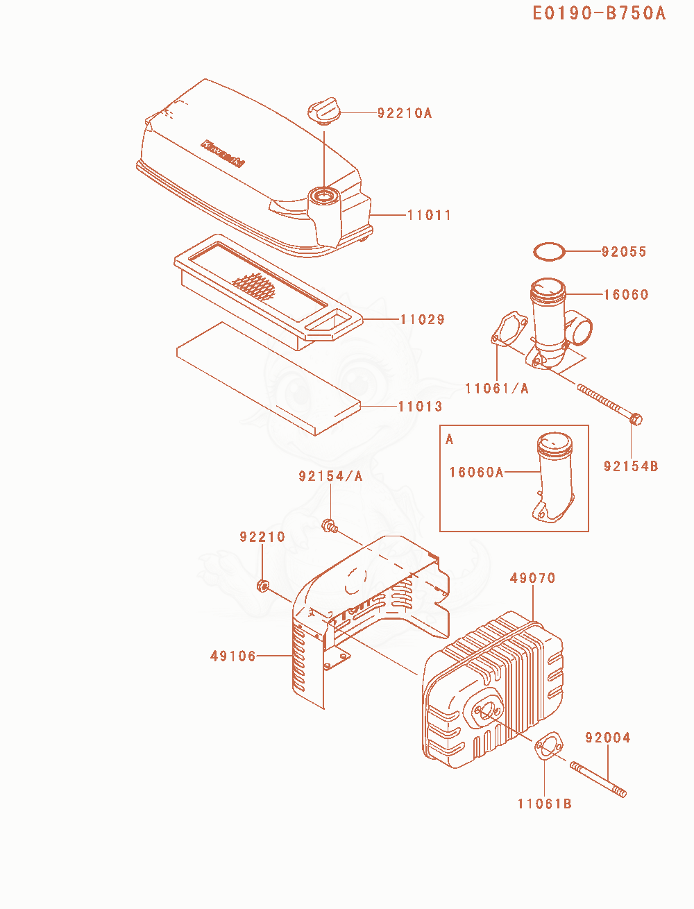 Exploded parts diagram of the Air-Filter / Muffler of a Kawasaki FJ180V-CM11 engine, with numbered balloons